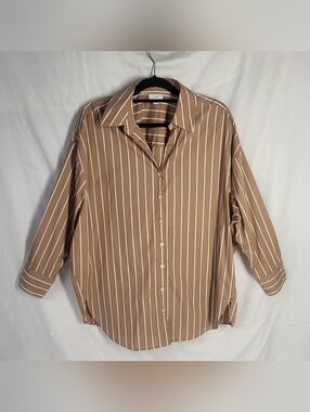 J. Jill Natural Brown Striped Button Up Tunic Style Blouse Size XL Minimalist